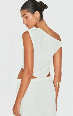 Beige Textured Asymmetric Off The Shoulder Top