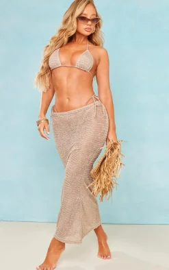 Beige Textured Fishtail Beach Maxi Skirt