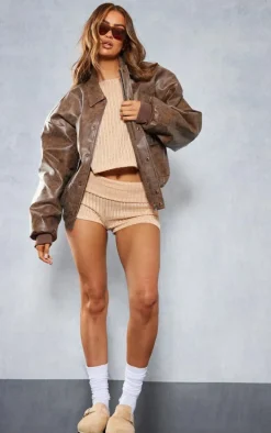 Beige Textured Rib Fold Over Waist Hot Pants
