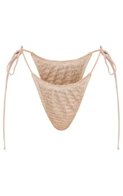 Beige Textured Tie Side Bikini Bottoms