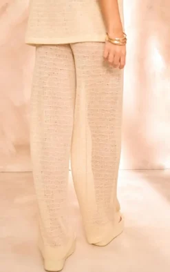 Beige Textured Wide Leg Pants