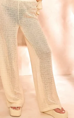 Beige Textured Wide Leg Pants