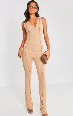 Beige Thick Rib Zip Front Collar Detail Jumpsuit