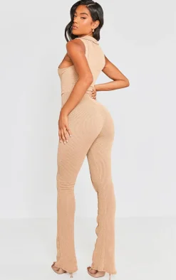 Beige Thick Rib Zip Front Collar Detail Jumpsuit