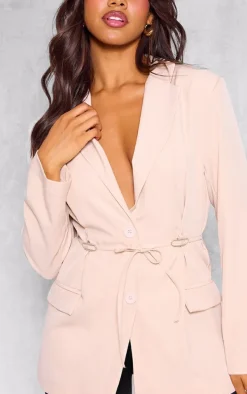 Beige Tie Front Bow Detail Blazer