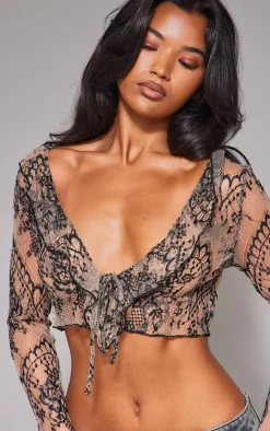 Beige Tie Front Lace Extreme Crop Top