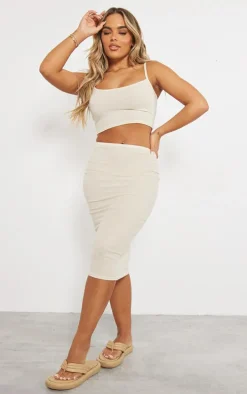 Beige Two Tone Micro Rib High Rise Midi Skirt