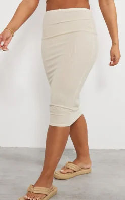 Beige Two Tone Micro Rib High Rise Midi Skirt