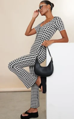 Beige Vintage Check Knit Zip Jumpsuit