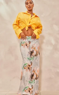 Beige Vintage Floral Printed Plisse Maxi Skirt