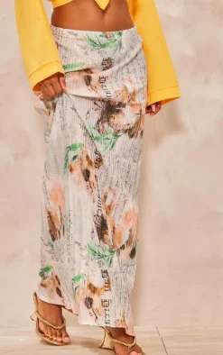 Beige Vintage Floral Printed Plisse Maxi Skirt