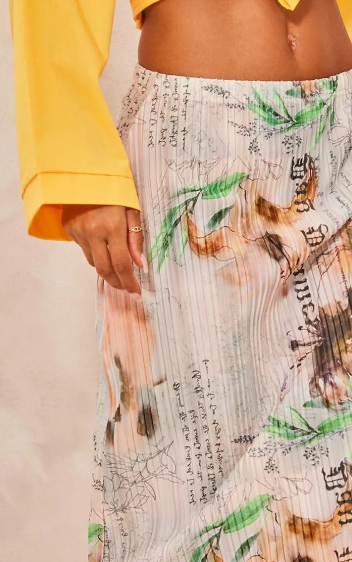 Beige Vintage Floral Printed Plisse Maxi Skirt