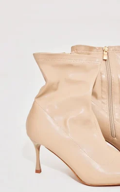 Beige Wide Fit Faux Leather Square Toe Low Heeled Ankle Boots