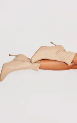 Beige Wide Fit Faux Leather Square Toe Low Heeled Ankle Boots