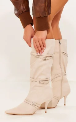 Beige Wide Fit Faux Suede Calf High Buckle Low Heeled Boots