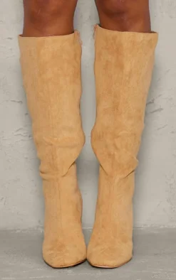Beige Wide Fit Faux Suede Square Toe Block Heel Knee High Boots
