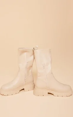 Beige Wide Fit PU Chunky Platform Calf High Boots