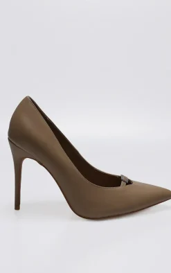 Beige Wide Fit PU Diamante Buckle Detail High Stiletto Court Heels