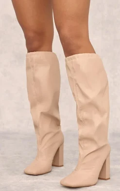 Beige Wide Fit PU Square Toe Knee High Block Heel Toggle Boots