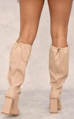 Beige Wide Fit PU Square Toe Knee High Block Heel Toggle Boots