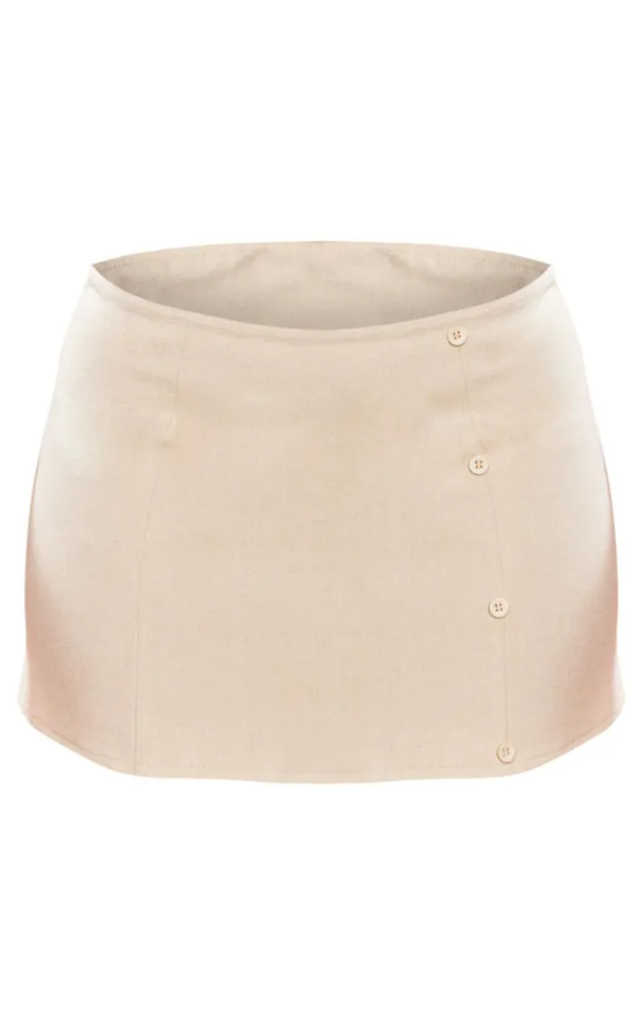 Beige Woven Tailored Button Micro Mini Skirt
