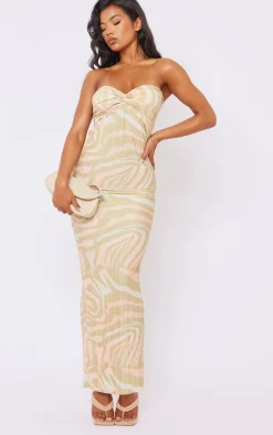 Beige Zebra Print Plisse Knot Bandeau Maxi Dress