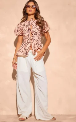 Beige Zebra Print Puff Sleeve Bow Tie Top