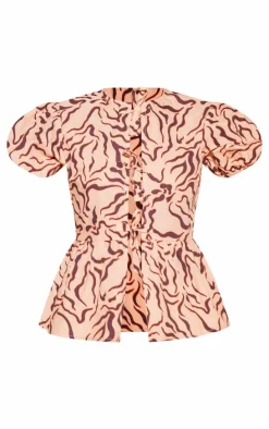 Beige Zebra Print Puff Sleeve Bow Tie Top