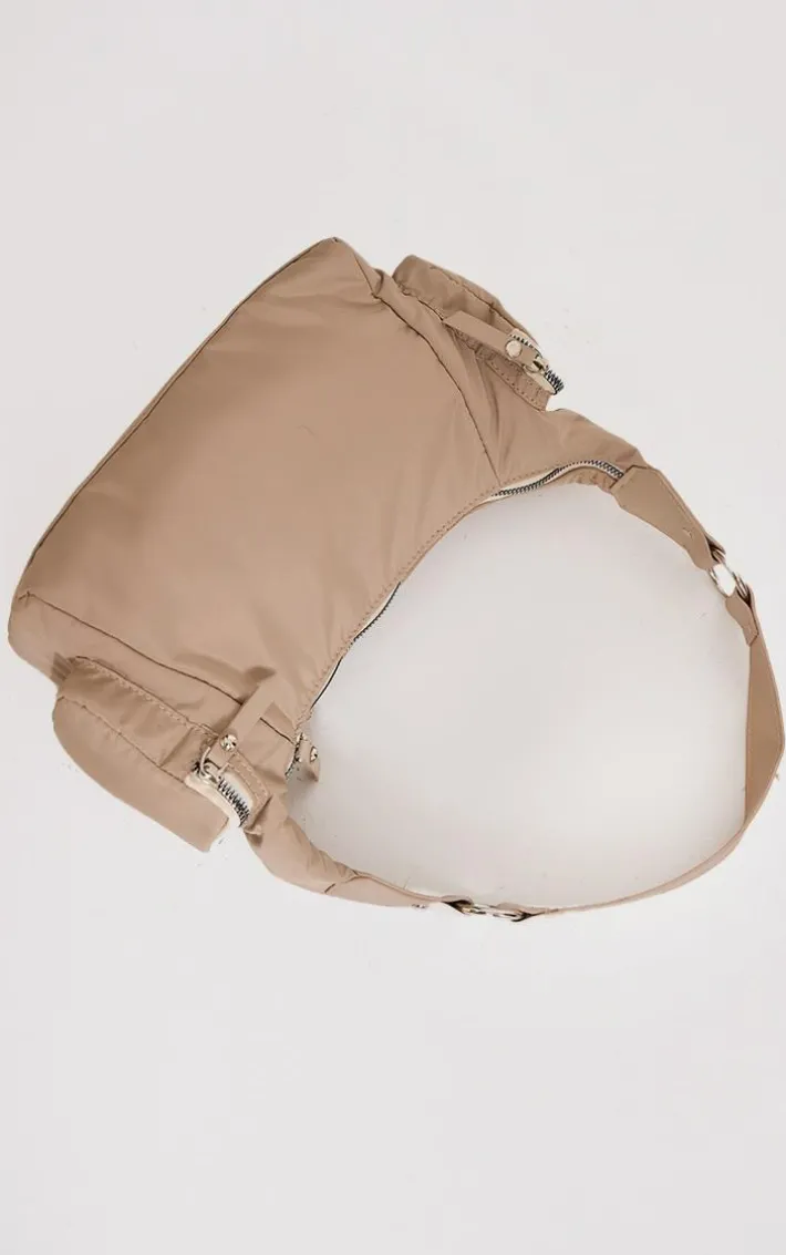 Beige Zip Nylon Shoulder Bag