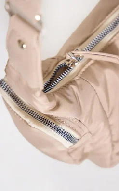 Beige Zip Nylon Shoulder Bag