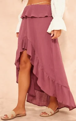 Berry Cheesecloth Shirred Waist Waterfall Hem Maxi Skirt