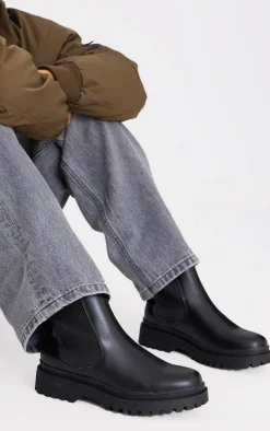 Black Pu Round Toe Chelsea Ankle Boots