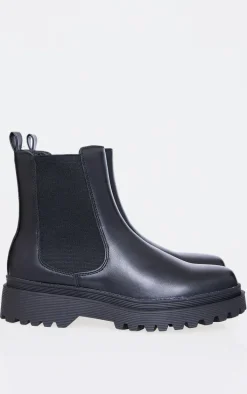Black Pu Round Toe Chelsea Ankle Boots