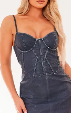 Black Washed Faux Leather Strappy Bodycon Dress