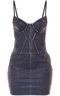 Black Washed Faux Leather Strappy Bodycon Dress