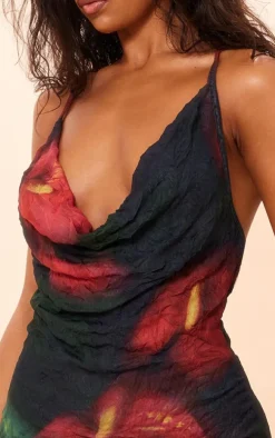 Black Abstract Crinkle Mesh Cowl Neck Mini Dress