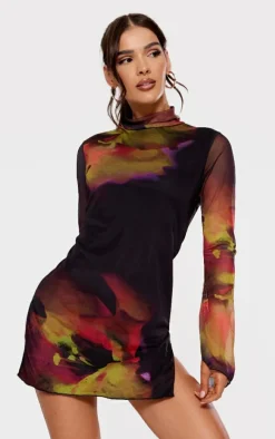 Black Abstract Print High Neck Flared Sleeve Shift Dress