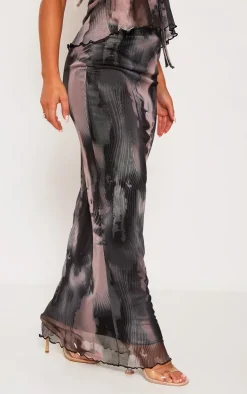 Black Abstract Print Mesh Low Rise Midaxi Skirt