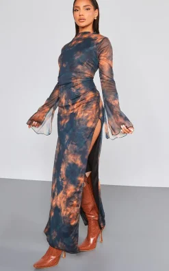 Black Abstract Print Mesh Flared Sleeve Midaxi Dress