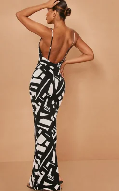 Black Abstract Print Satin Cowl Neck Maxi Dress