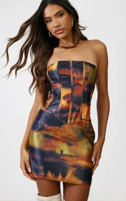 Black Abstract Print Satin Micro Mini Skirt