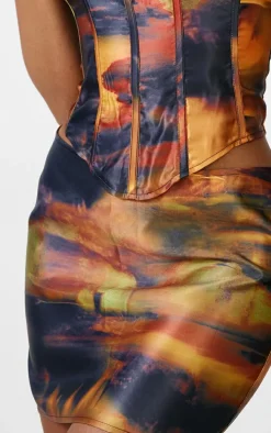 Black Abstract Print Satin Micro Mini Skirt