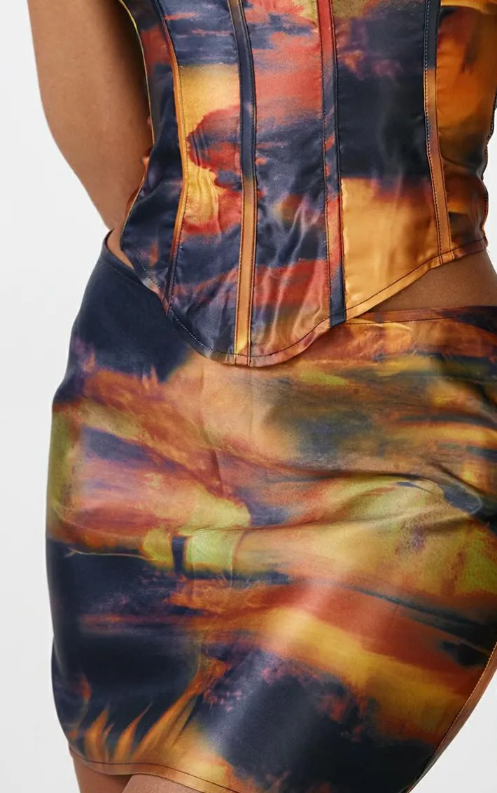 Black Abstract Print Satin Micro Mini Skirt