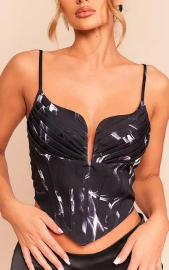 Black Abstract Printed Strappy Pleated Bust Corset Detail Crop Top