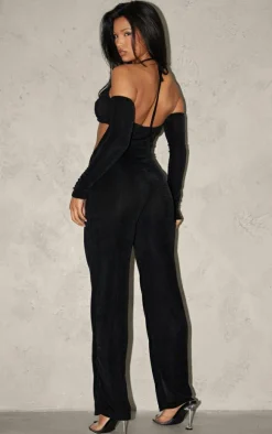 Black Acetate Cut Out Halterneck Straight Leg Jumpsuit