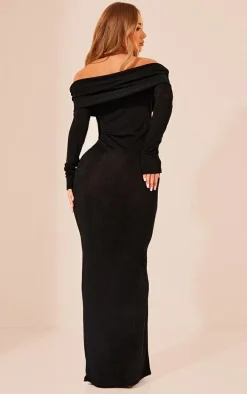 Black Acetate Slinky Bardot Long Sleeve Maxi Dress
