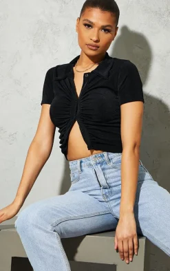 Black Acetate Slinky Ruched Front Short Sleeve Shirt