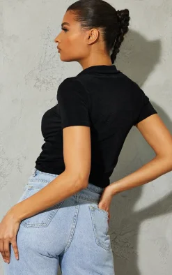 Black Acetate Slinky Ruched Front Short Sleeve Shirt