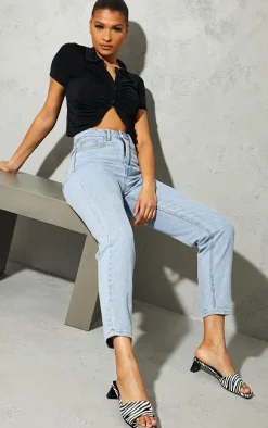 Black Acetate Slinky Ruched Front Short Sleeve Shirt