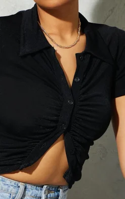 Black Acetate Slinky Ruched Front Short Sleeve Shirt